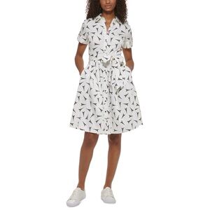 NWT Karl Lagerfeld Paris White Eiffel Tower Puff Sleeve Shirt Dress Size 2